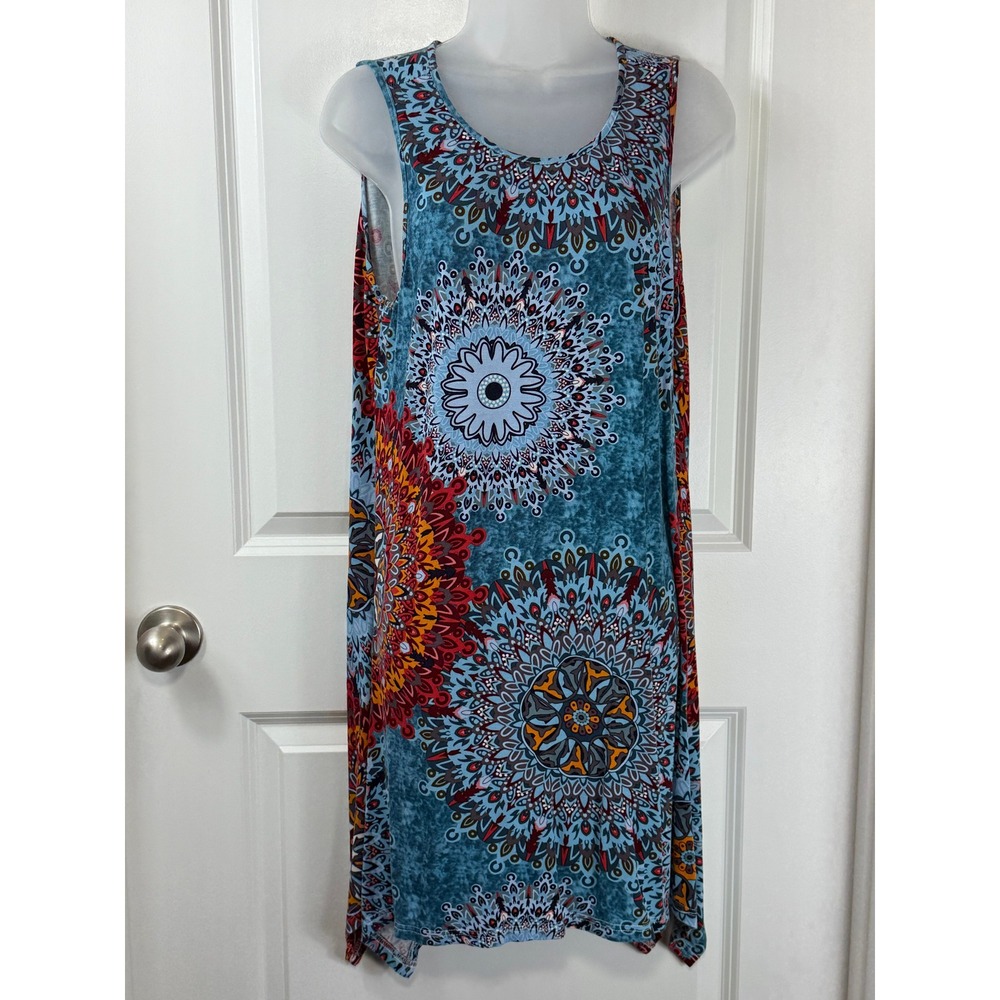POPYOUNG Boho‎ Womens 2XL Sleeveless Mandala Asymmetrical Dress Blue Orange